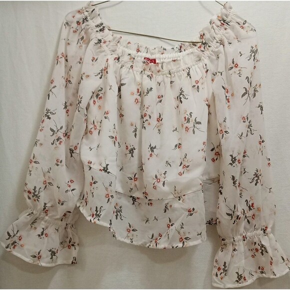 Guess White Pink Floral Sheer Long Sleeve Off Shoulder Crop Boho Size Small LNC - Picture 1 of 6